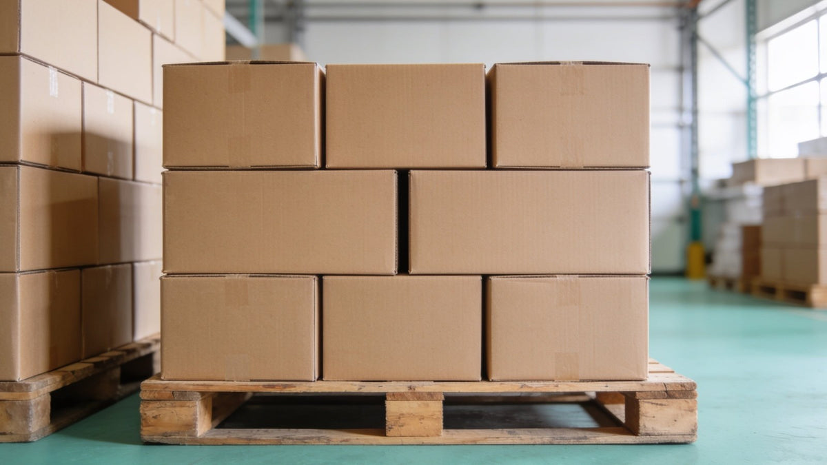 Export cartons stacked on a pallet in a warehouse