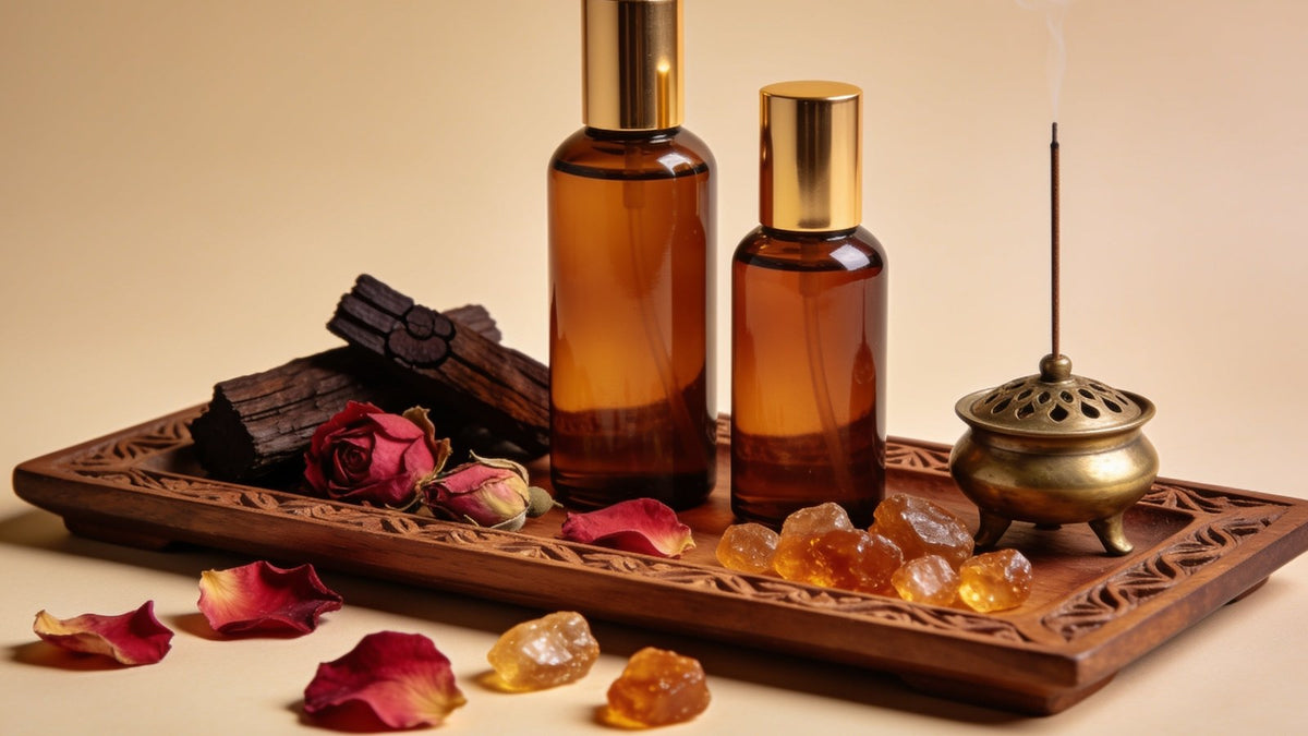 Fragrance oils, oud wood and a brass incense holder on a carved tray