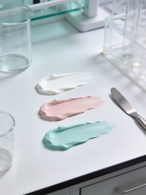 Formulation bench with cream swatches in three shades