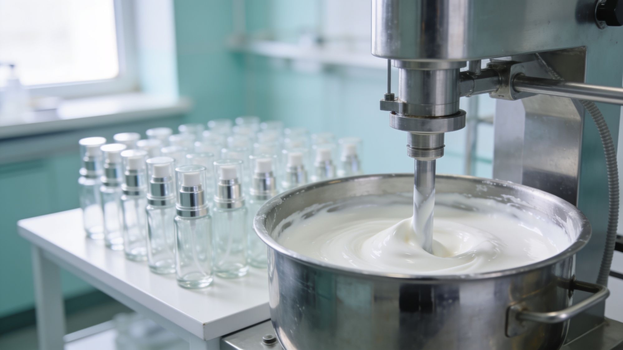 Bright cosmetic manufacturing laboratory with a stainless steel mixer and rows of empty airless bottles – Harrods Health