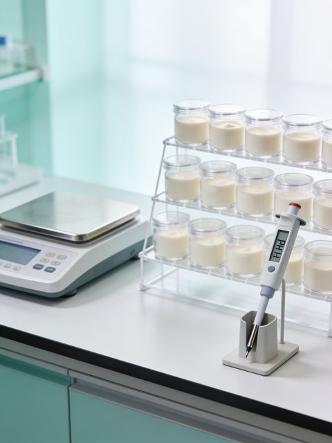 Balance, pH meter and retained cream samples on the quality bench