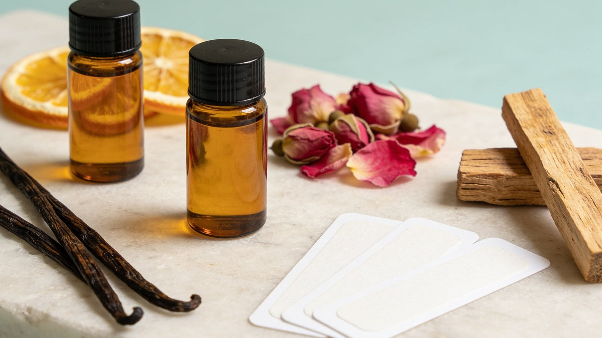 Fragrance oils with rose buds, vanilla pods and wood