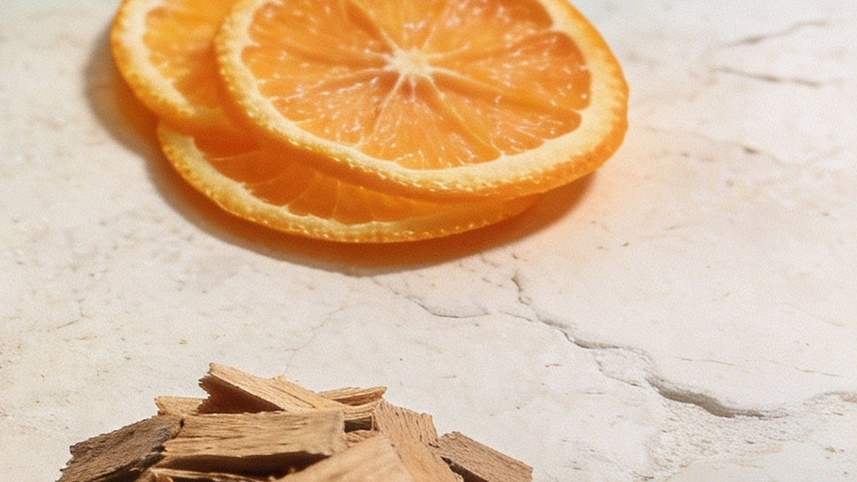 Dried orange slices and wood chips for potpourri blends