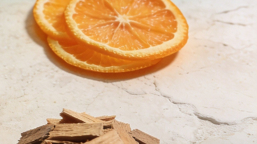 Dried orange slices and wood chips for potpourri blends