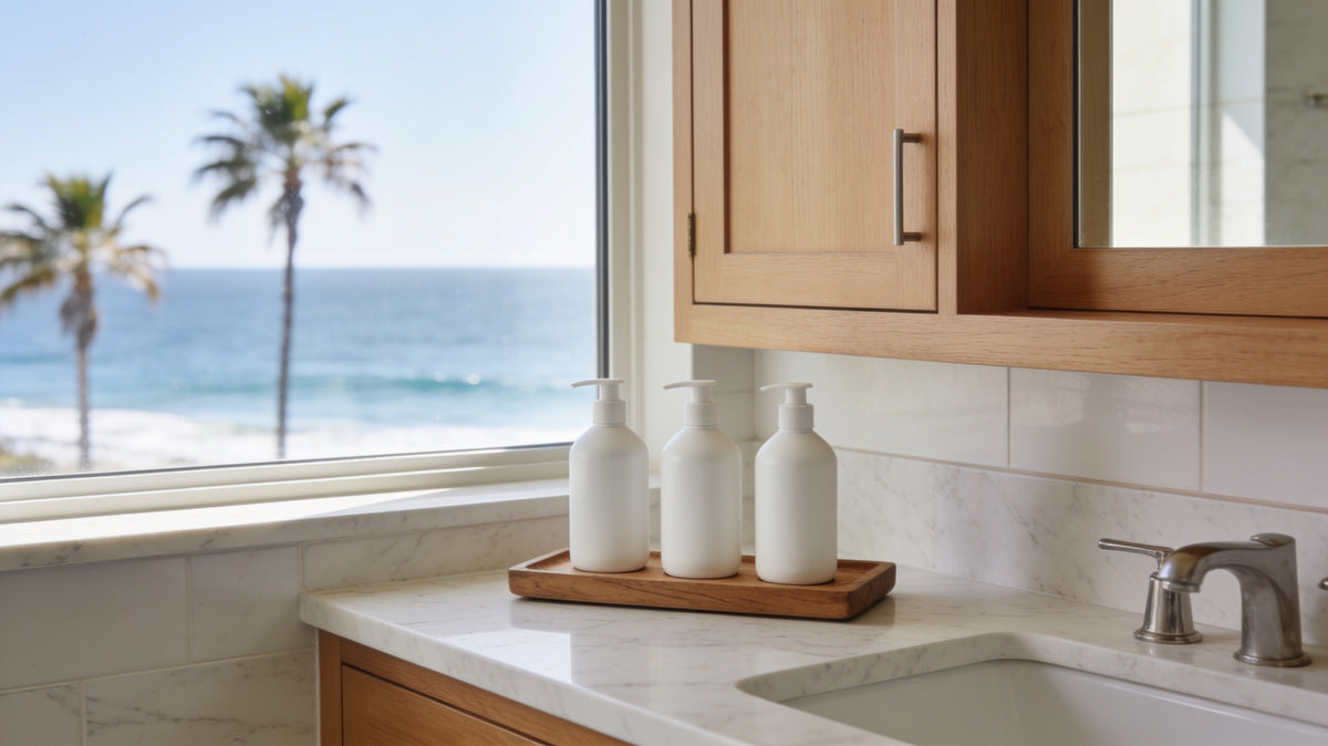 Hotel toiletries for California hotels, built around dispensers
