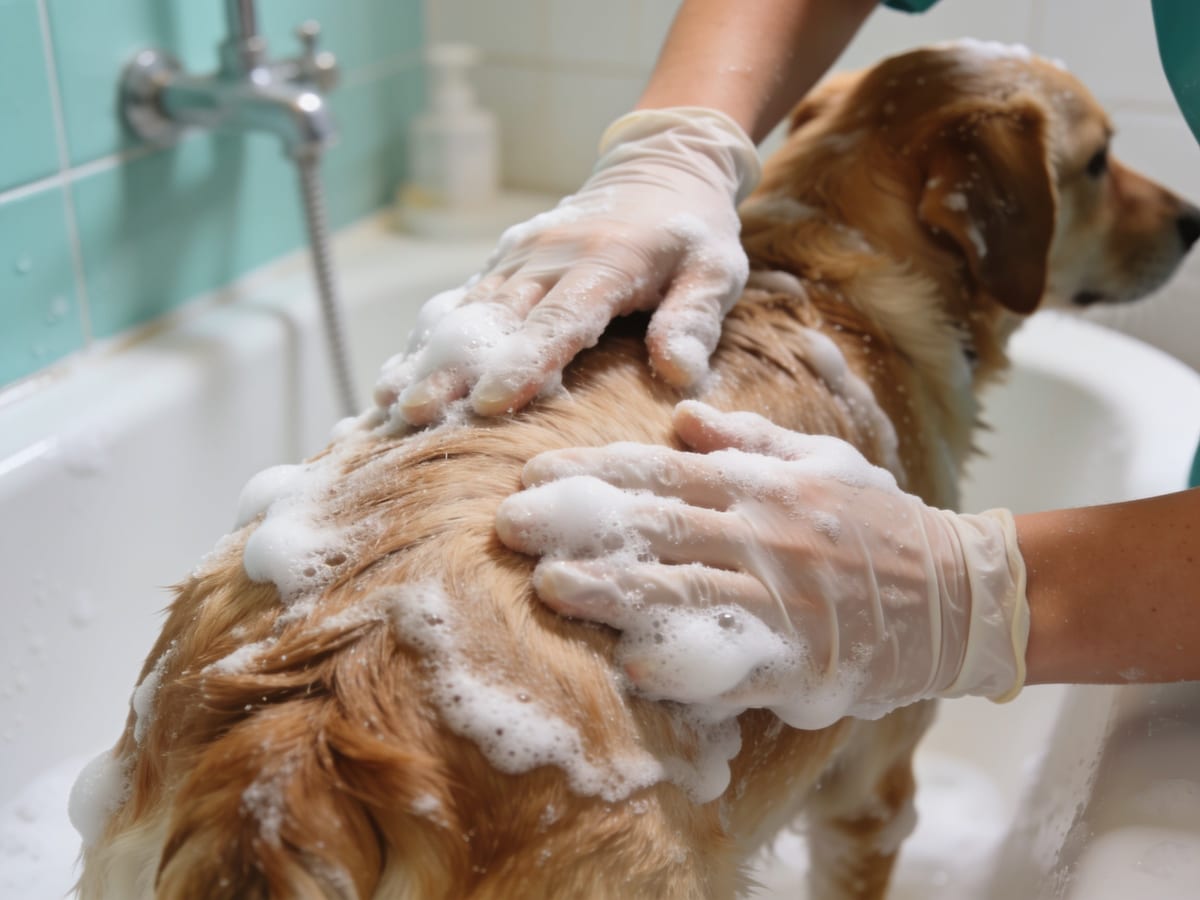 Dog coat lathered with mild shampoo foam
